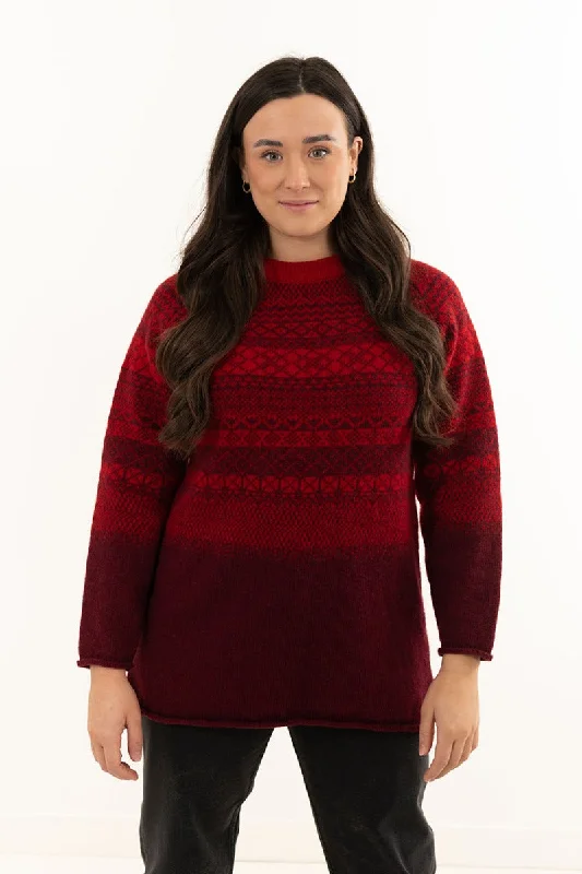 Womens Lace Fair Isle Tunic Jumper - Red Anti-Pilling Anti-Shrink Durable