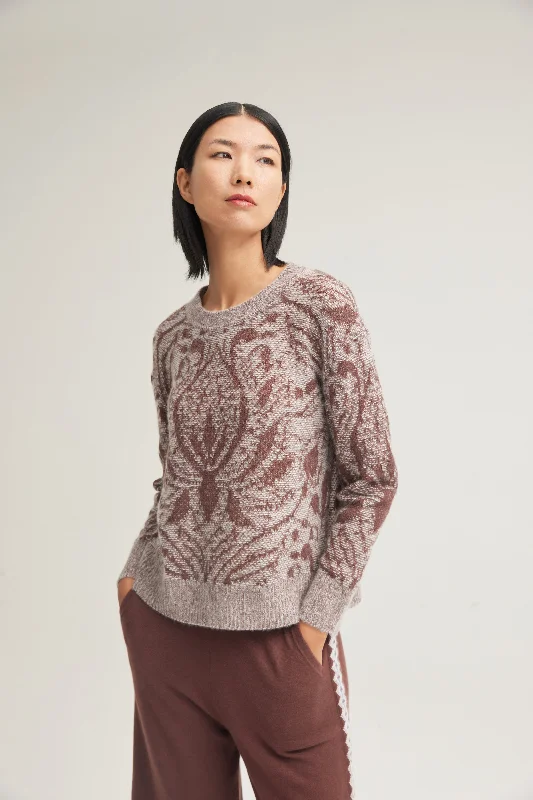 Women's screw neck silk-cashmere jumper Houndstooth Herringbone Solid