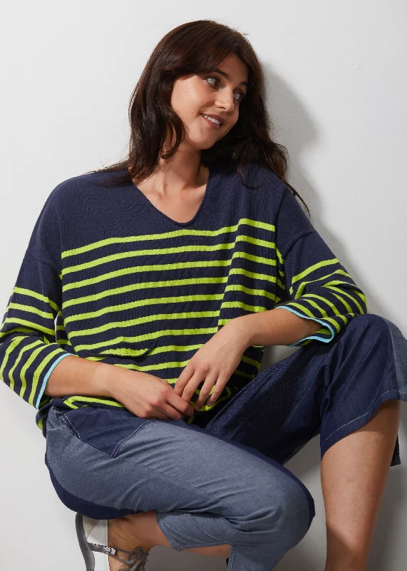 Zaket & Plover - Breton Stripe V Jumper - Sailor Denim Fabric Leather Fabric Suede Fabric Zaket & Plover - Breton Stripe V Jumper - Sailor Denim Fabric Leather Fabric Suede Fabric