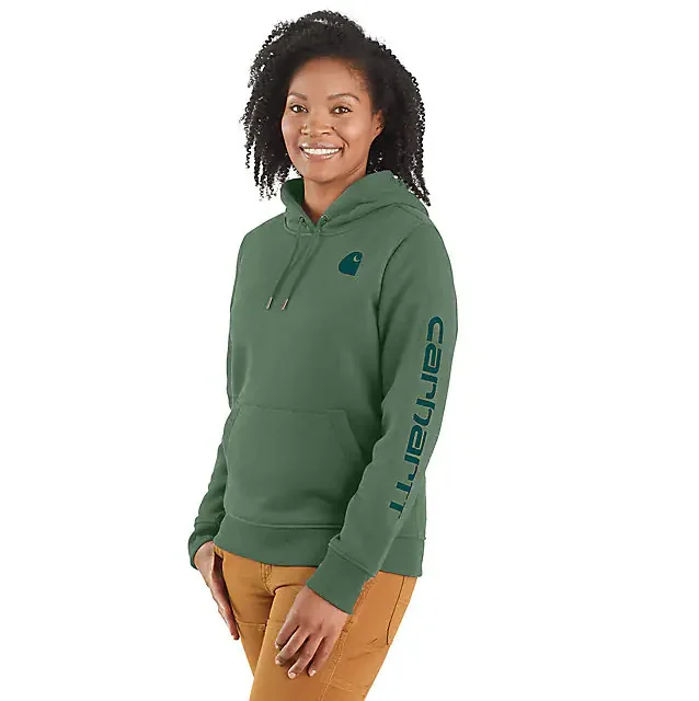 Women's Relaxed Fit Midweight Logo Sleeve Graphic Hoodie - Frosted Balsam Hoodie with Hem Patch Decorative Personalized