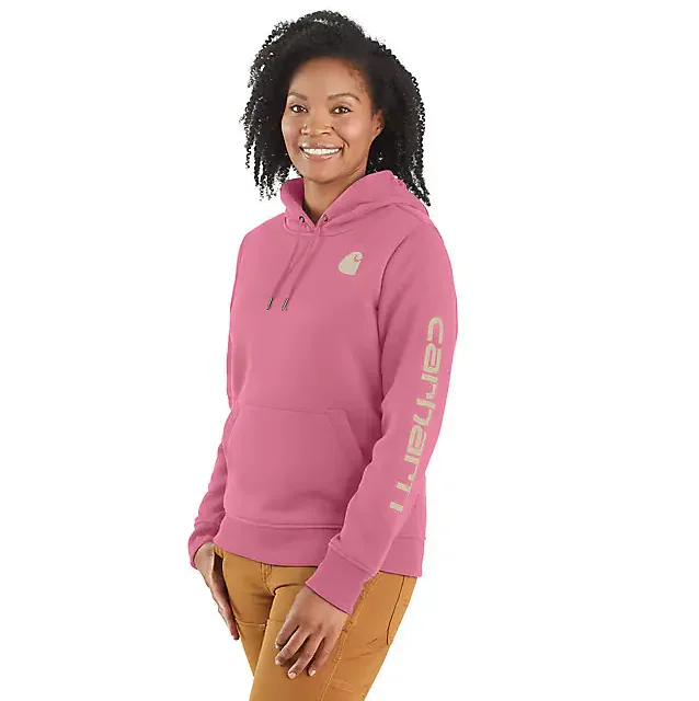 Women's Relaxed Fit Midweight Logo Sleeve Graphic Hoodie - Woodrose Hoodie with Hem Elastic Stretchable Comfortable