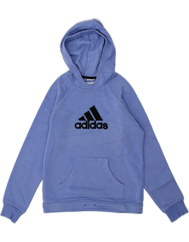 ADIDAS Womens Graphic Hoodie Jumper UK 10 Small Blue Cotton Hoodie with Hem Ribbing Snug Secure