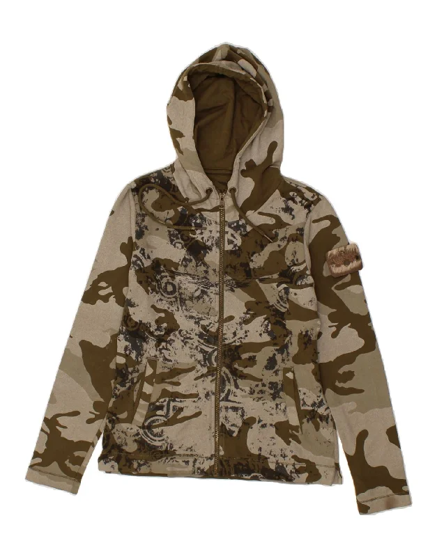 AERONAUTICA MILITARE Womens Zip Hoodie Sweater UK 12 Medium Khaki Hoodie with Back Slit Movement Comfort