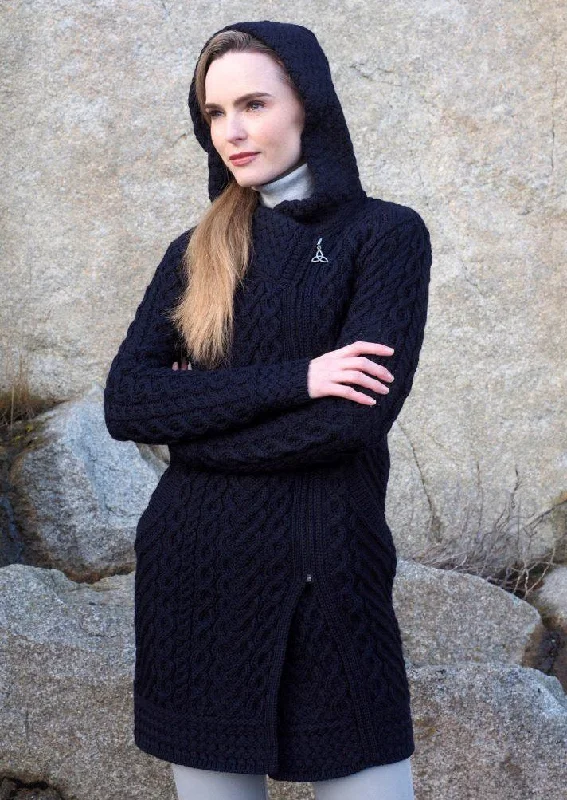 Aran Crafts Heart Design Hooded Coat | Navy Hoodie with Hem Fringe Bohemian Relaxed