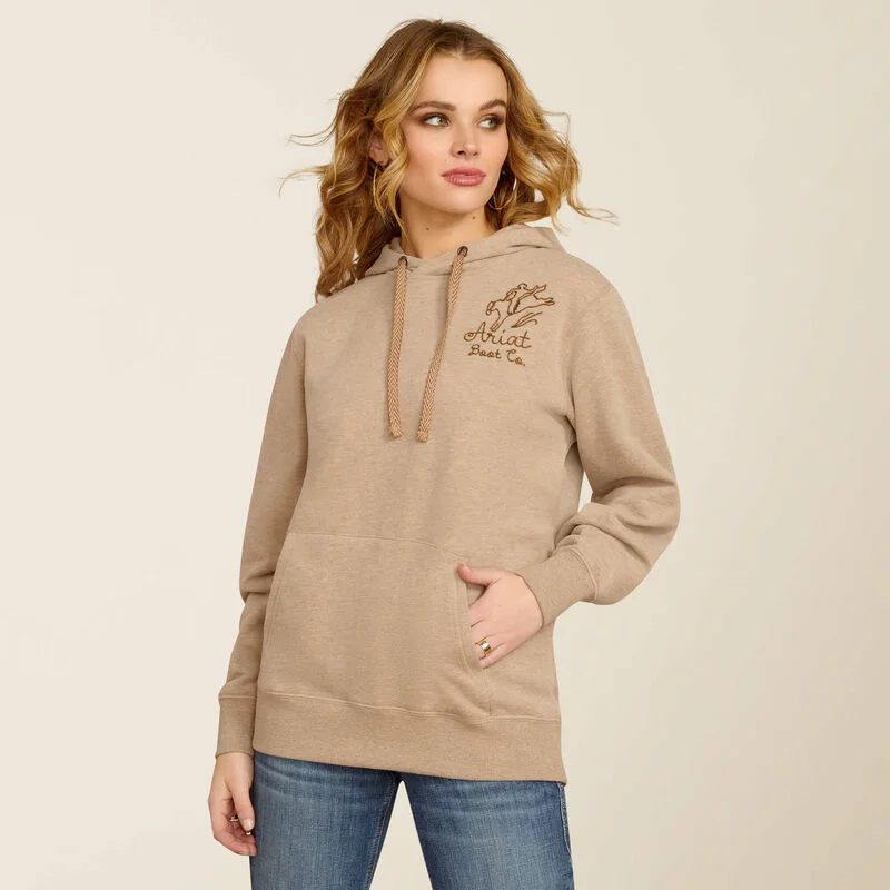 Women's Bronco Stitch Hoodie - Dark Oatmeal Heather Hoodie with Ribbed Hem Stretchable Secure