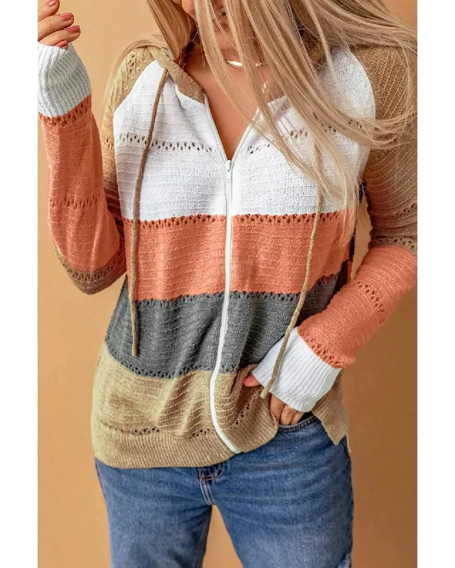 Azura Exchange Zipped Front Color Block Hollow-out Knit Hoodie - L Hoodie with Lace Feminine Delicate