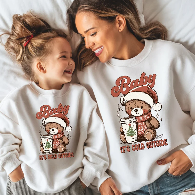 Baby It's Cold Outside Mum Matching Sweatshirts White Hoodie with Hem Frayed Vintage Worn