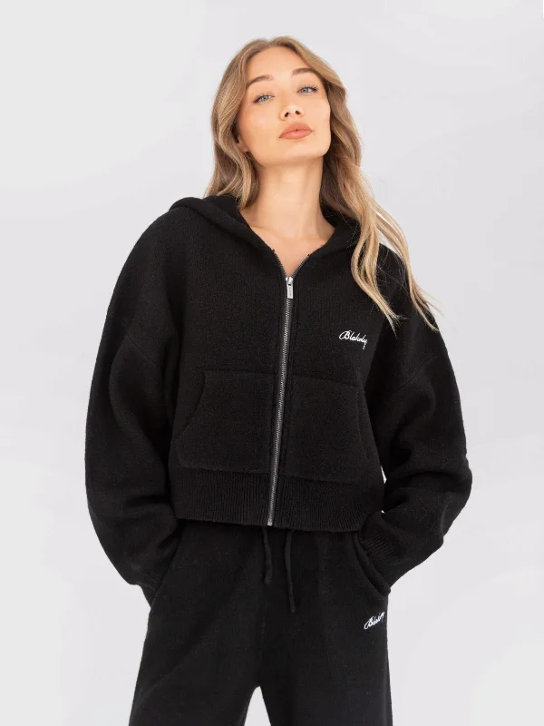 Knitted Full Zip Hoodie - Black Hoodie Dress Longline Feminine