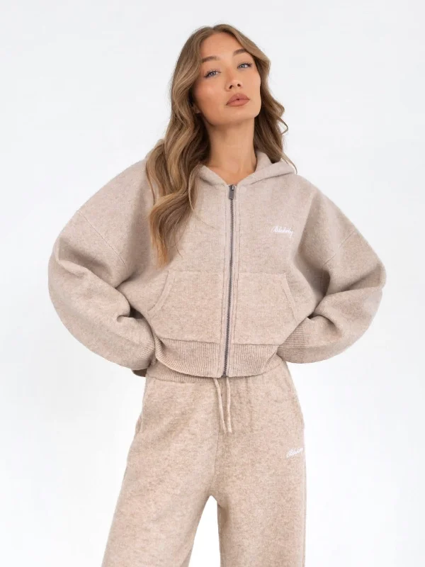 Knitted Full Zip Hoodie - Toasted Taupe Hoodie with Fur Luxurious Winter