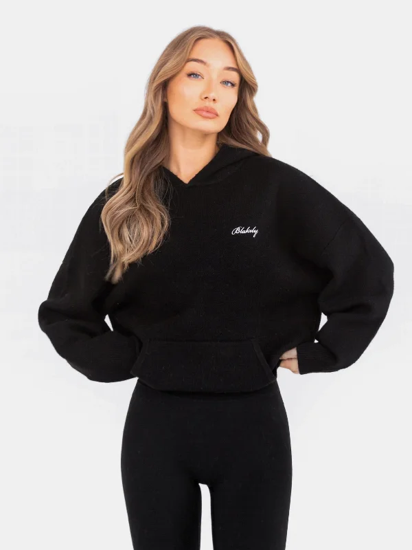 Oversized Knitted Hoodie - Black Hoodie with Snap Buttons Easy Quick