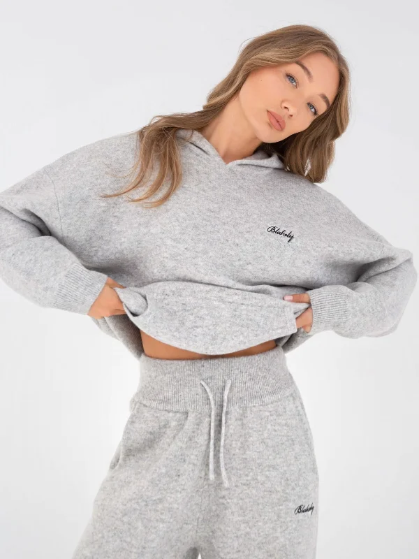 Oversized Knitted Hoodie - Marl Grey Hoodie with Belted Waist Structured Tailored