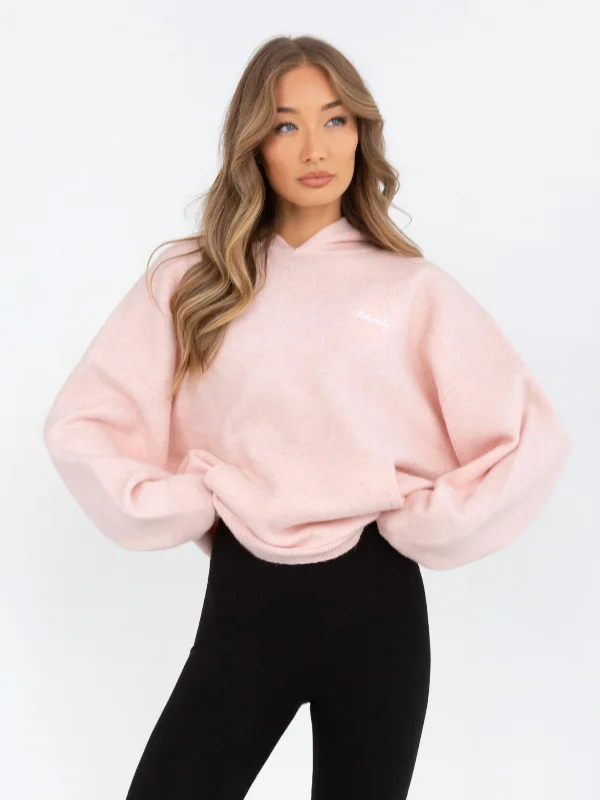 Oversized Knitted Hoodie - Marshmallow Pink Hoodie with Hem Frayed Vintage Worn