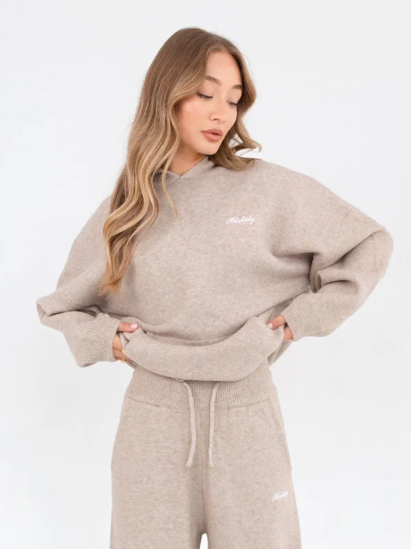 Oversized Knitted Hoodie - Toasted Taupe Hoodie with Hem Drawcord Adjustable Customizable