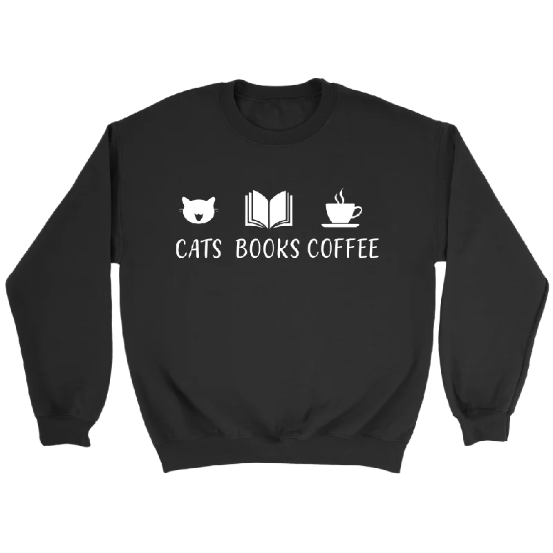 "Cats Books Coffee" Sweatshirt Hoodie with Frayed Bohemian Relaxed