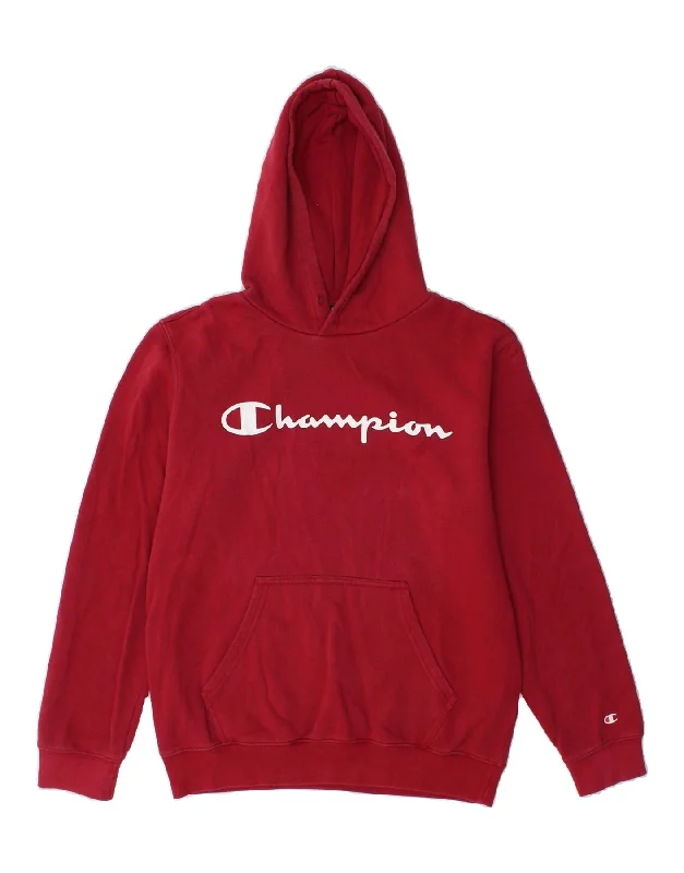CHAMPION Womens Graphic Hoodie Jumper UK 14 Medium Red Cotton Hoodie with Emblem Brand Identity