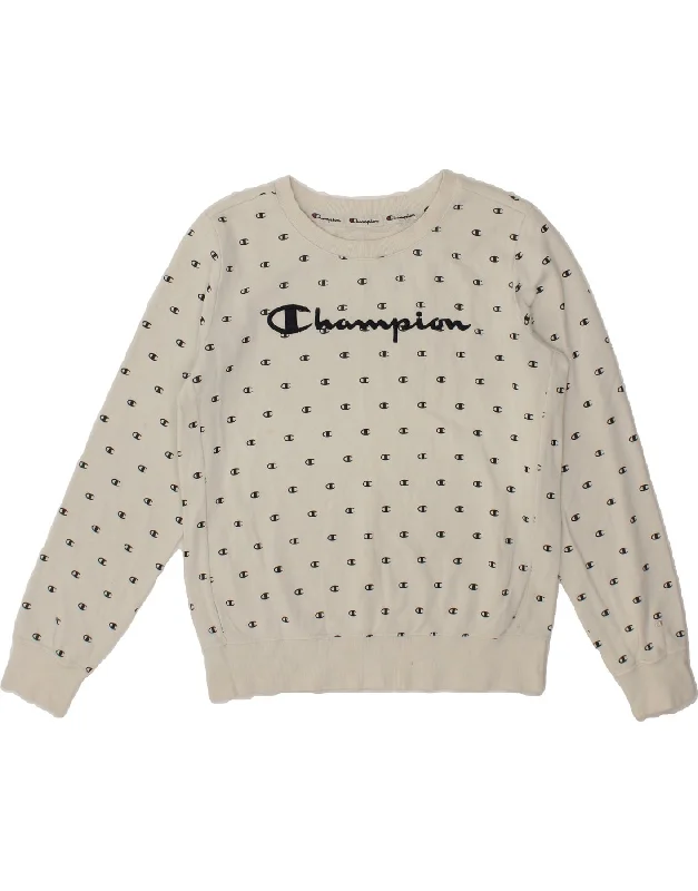CHAMPION Womens Graphic Sweatshirt Jumper UK 16 Large White Cotton Hoodie with Metallic Shiny Futuristic