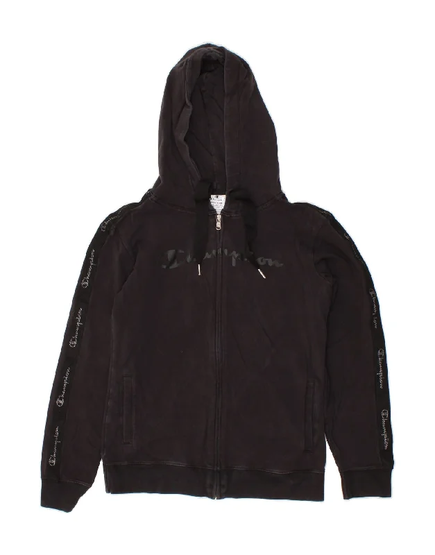 CHAMPION Womens Graphic Zip Hoodie Sweater UK 12 Medium Black Cotton Hoodie with Hood Adjustable Protection