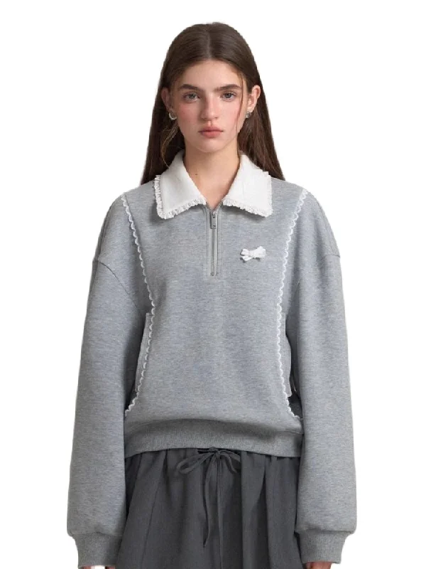 Contrast Collar Lace Trim Sweatshirt Hoodie with Cuffed Sleeves Snug Secure