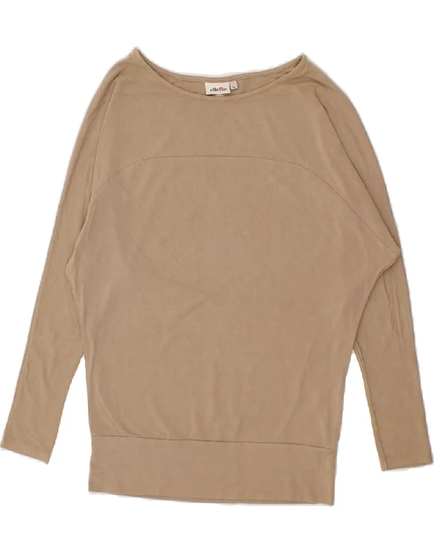 ELLESSE Womens 3/4 Sleeve Sweatshirt Jumper UK 14 Medium Beige Viscose Hoodie with Hem Applique Textured Unique