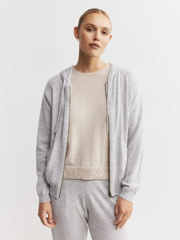 Essential Cashmere Zip Hoodie - Grey Melange Hoodie with Velcro Closure Adjustable Secure