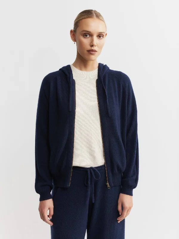 Essential Cashmere Zip Hoodie - Dark Navy Hoodie with Drawcord Adjustable Secure
