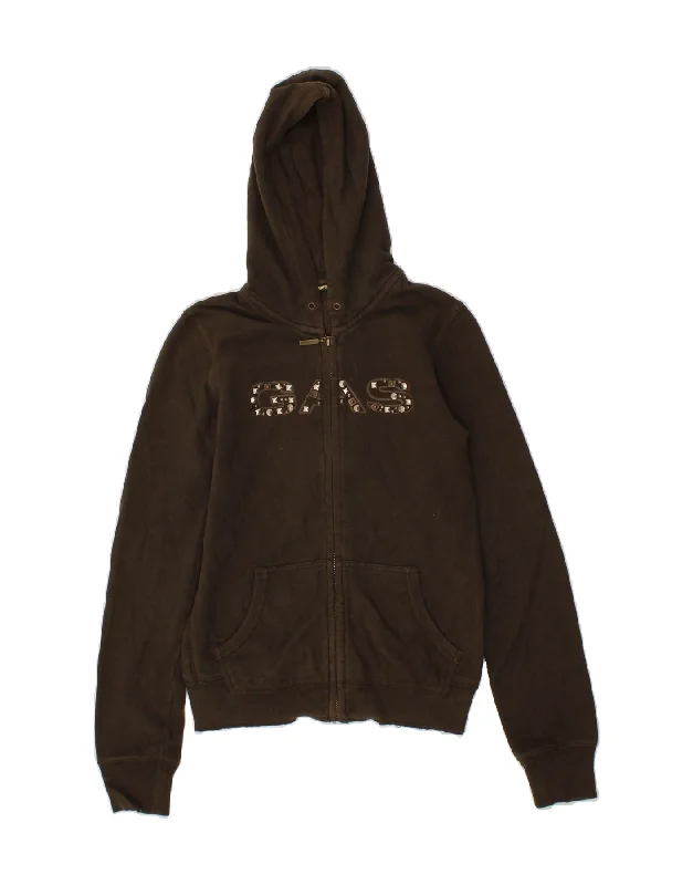 GAS Womens Graphic Zip Hoodie Sweater UK 10 Small Khaki Cotton Hoodie with Hem Contrast Bold Stylish