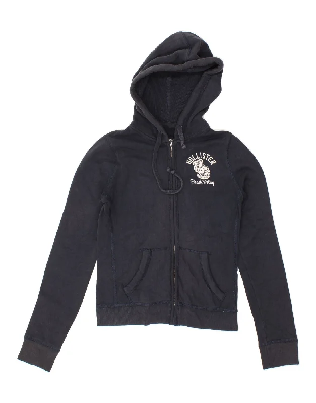HOLLISTER Womens Zip Hoodie Sweater UK 8 Small Navy Blue Cotton Hoodie with Pastel Soft Subtle