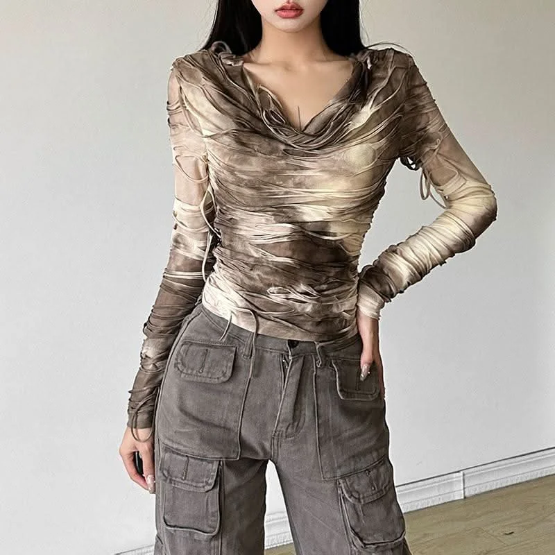 Hoodie long sleeve tie dye top Hoodie with Raw Hem Edgy Unfinished
