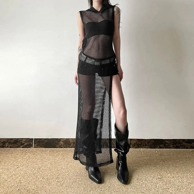 Hoodie sleeveless fishnet slit top Hoodie with Monochrome Minimalist Simple