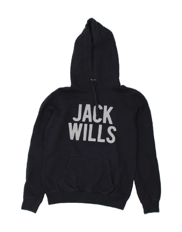 JACK WILLS Womens Graphic Hoodie Jumper UK 10 Small Navy Blue Hoodie with Half-Zip Sporty Casual