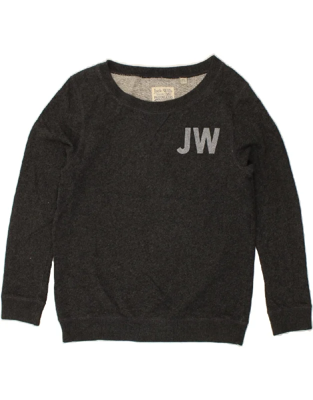 JACK WILLS Womens Graphic Sweatshirt Jumper UK 10 Small Grey Cotton Hoodie with Exposed Zipper Edgy Industrial