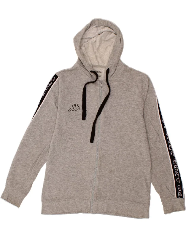 KAPPA Womens Graphic Zip Hoodie Sweater UK 14 Medium Grey Colourblock Hoodie with Hem Frayed Vintage Worn