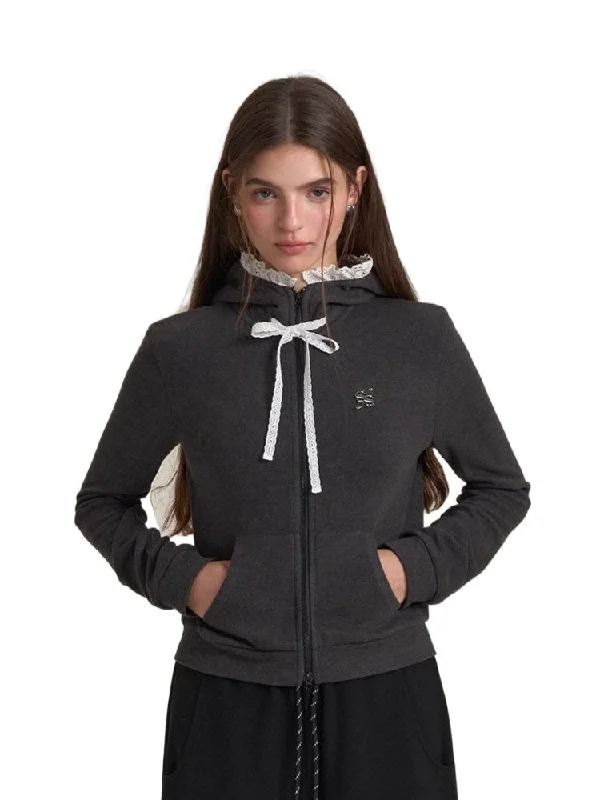 Lace Trim Tie Double Zipper Hoodie Hoodie with Fur Luxurious Winter