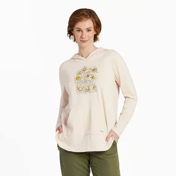 Women's Sunflower Sketch Crusher-FLEX Hoodie Tunic - Putty White Hoodie with Rhinestones Sparkly Elegant