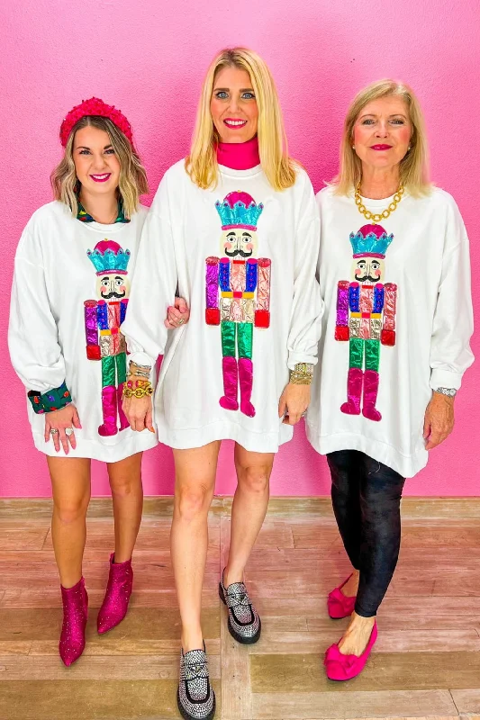 Multi Nutcracker Sweatshirt Dress - White Hoodie with Typography Text Message
