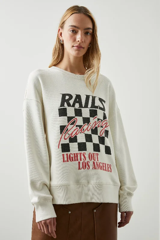 RELAXED CREW SWEATSHIRT - IVORY RAILS RACING Hoodie with Hem Embroidery Detailed Premium