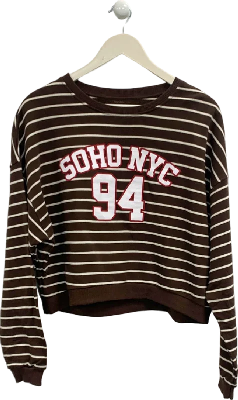 River Island Brown Soho NYC 94 Striped Sweatshirt UK M Hoodie with Elastic Cuffs Stretchable Comfortable