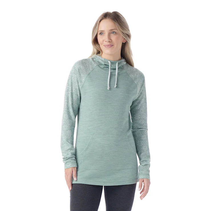 Women's Thermal Merino Drape Neck Hoodie - Arctic Green Digi Snow Hoodie with Set-In Sleeves Structured Classic