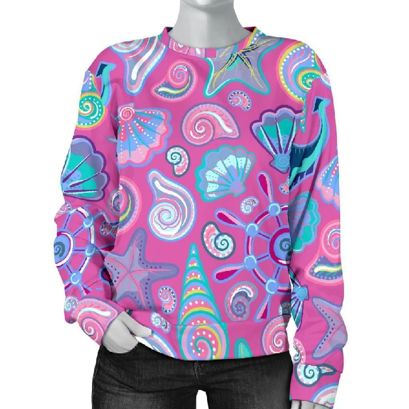 Starfish Pink Print Pattern Women's Sweatshirt Hoodie with Hem Fringe Bohemian Relaxed