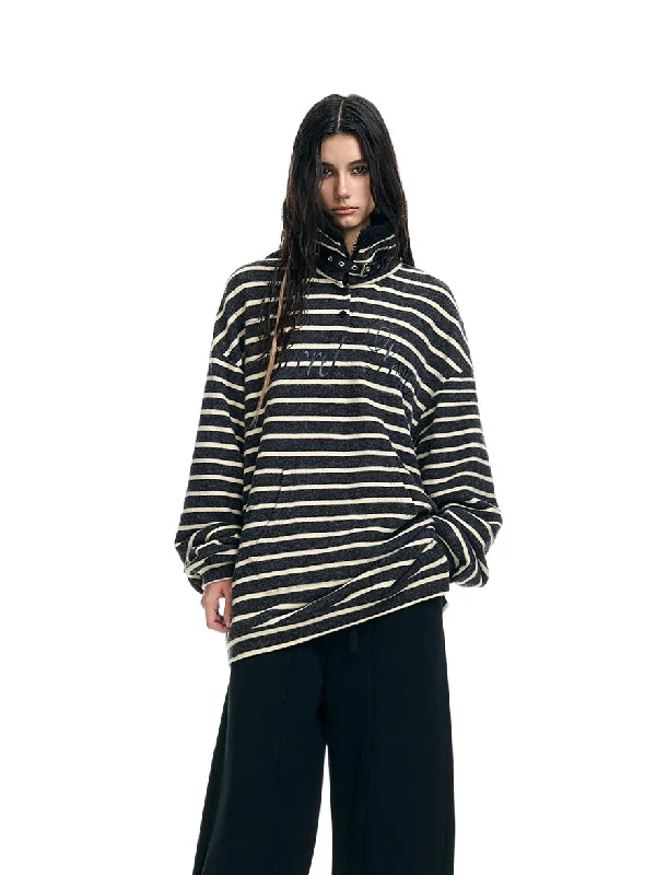 Striped Stand-Collar Fleece-Lined Loose Sweatshirt Hoodie Crop Top Short Trendy