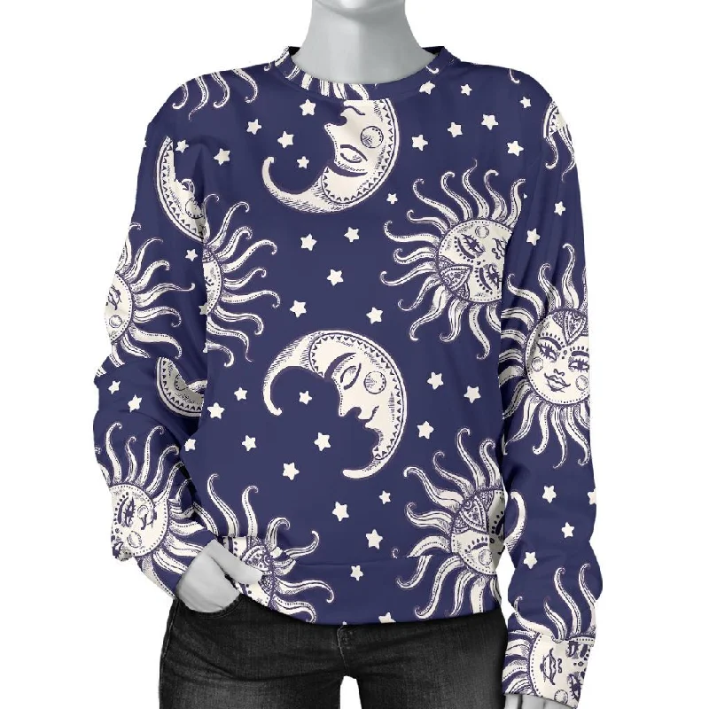 Sun Moon Pattern Print Women's Sweatshirt Hoodie with Front Slit Layering Stylish