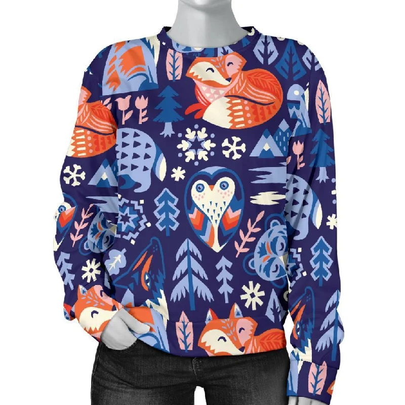 Swedish Animal Pattern Print Women's Sweatshirt Hoodie with Slit Hem Functional Movement