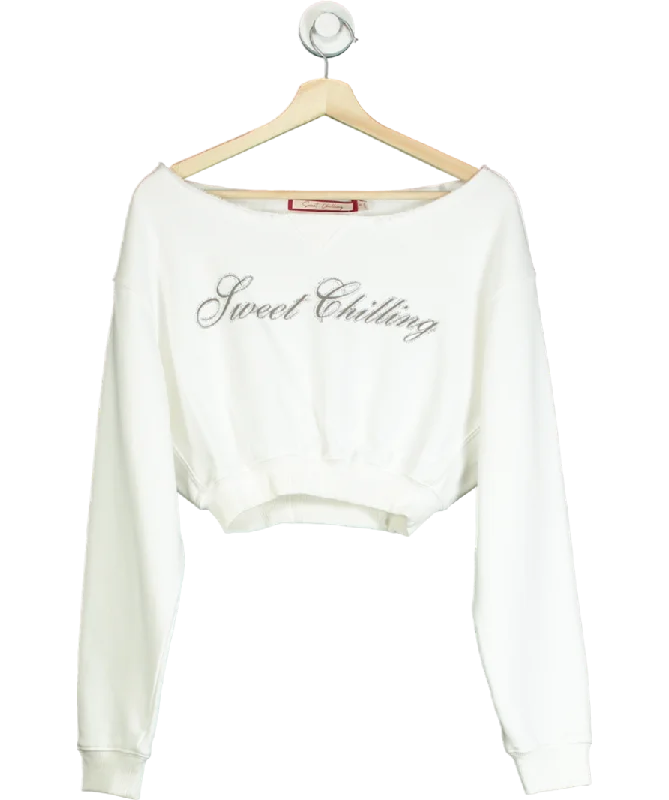 Sweet Chilling White Oversized Off-shoulder Cropped Sweatshirt UK S Hoodie with Zipper Placket Modern Functional