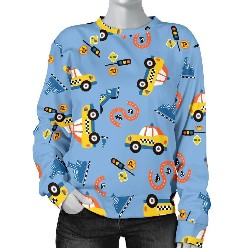 Taxi Car Print Pattern Women's Sweatshirt Hoodie with Ribbed Cuffs Snug Fit Comfort
