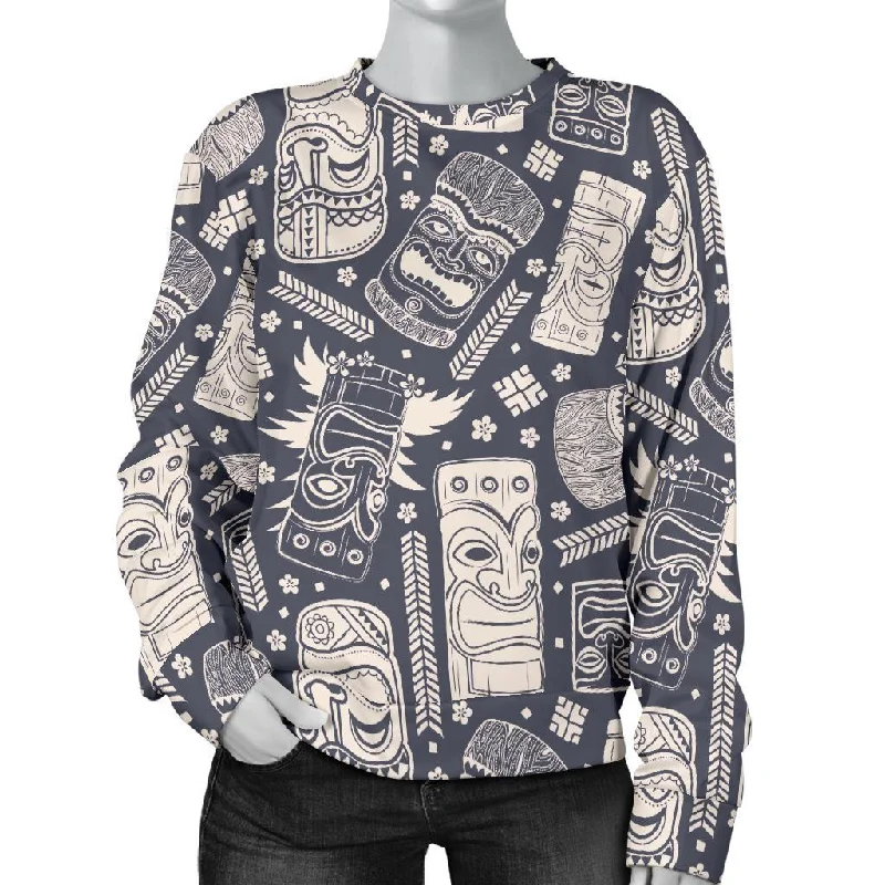 Tiki Pattern Print Women's Sweatshirt Hoodie with Hem Contrast Bold Stylish