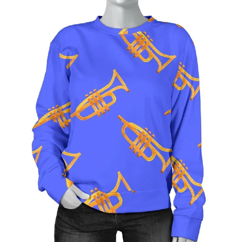 Trumpet Blue Pattern Print Women's Sweatshirt Hoodie with Hem Frayed Vintage Worn