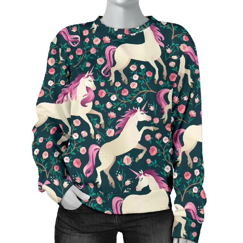 Unicorn Floral Pattern Print Women's Sweatshirt Hoodie with Distressed Vintage Worn