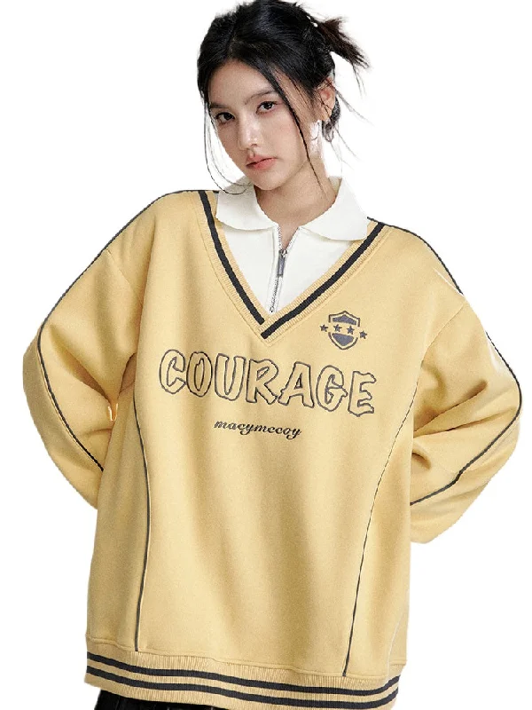 Vintage Fleece Two-in-One Contrast Sweatshirt Hoodie with V-Neck Classic Versatile
