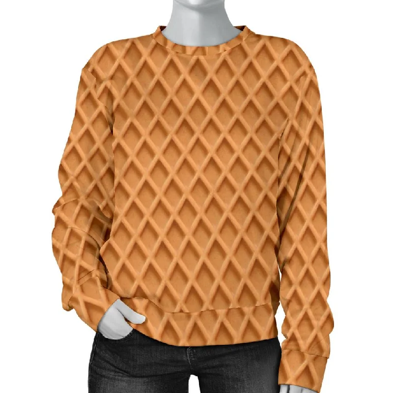 Waffle Pattern Print Women's Sweatshirt Hoodie with Rhinestones Sparkly Elegant