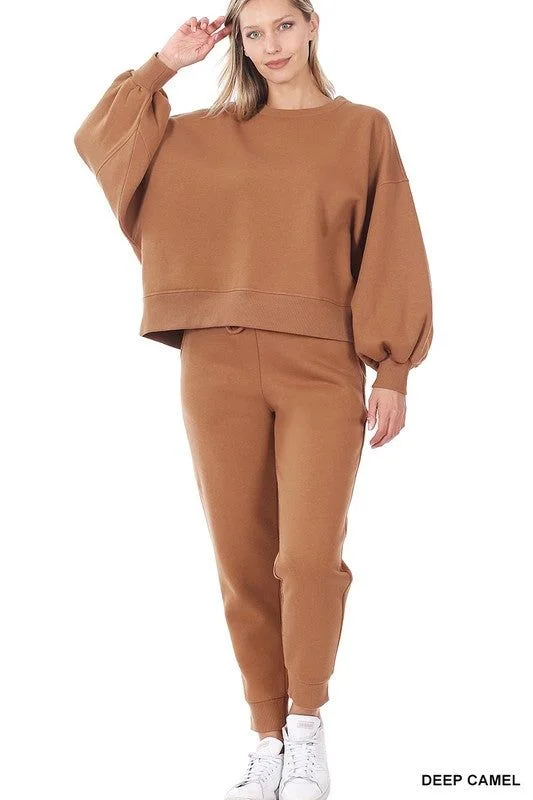 ZENANA Balloon Sleeve Sweatshirt & Sweatpants Set Hoodie with Hem Embroidery Detailed Premium